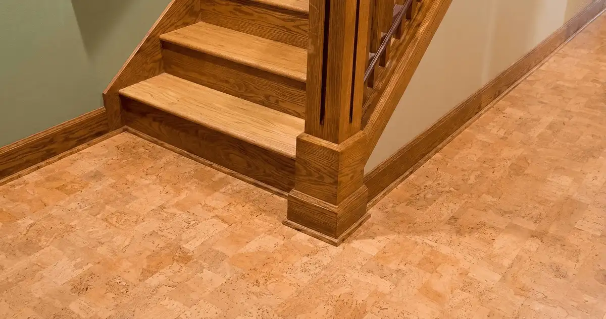 End of a staircase with cork flooring in Dallas, TX