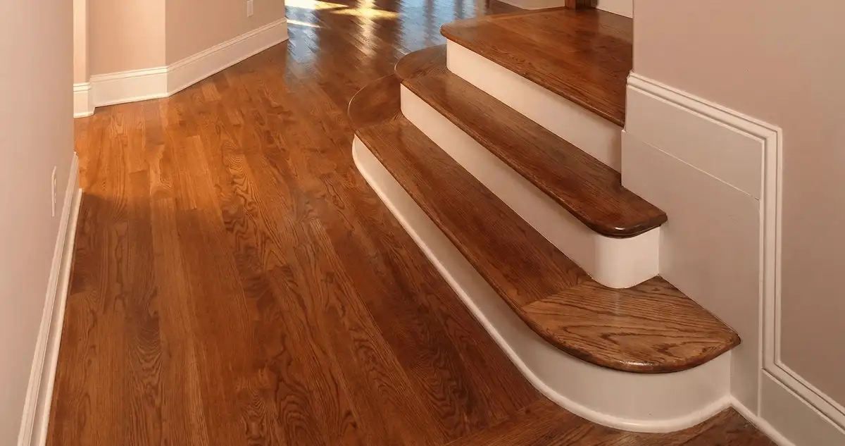 Base floor of a staircase with professionally restored wood flooring in Dallas TX