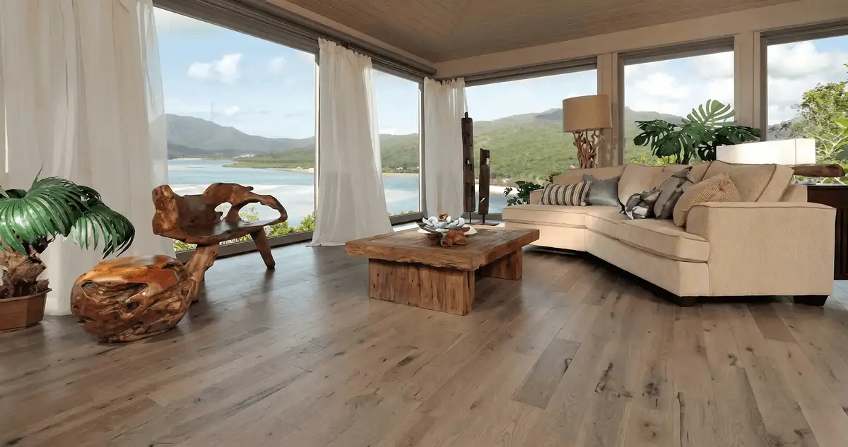 Professionally installed vinyl flooring in a modern living room with large windows in Dallas, TX